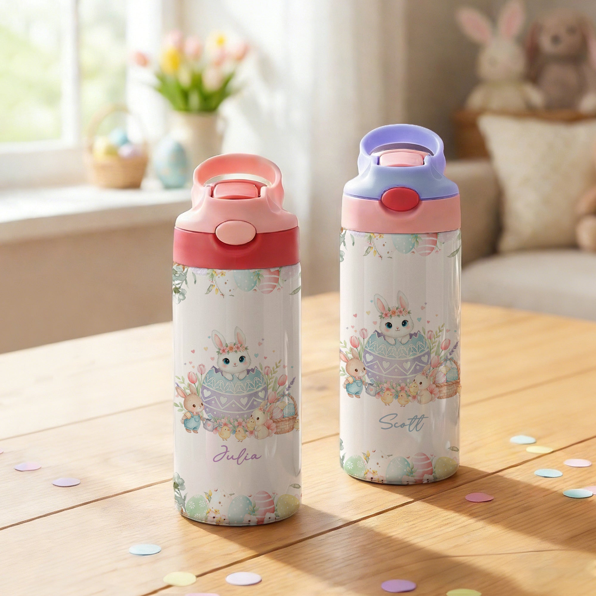 Huevo de Pascua personalizado con el nombre del conejito 12 oz Botella de agua aislada con asa y pajita de silicona Regalo de cumpleaños de Pascua para niños niñas