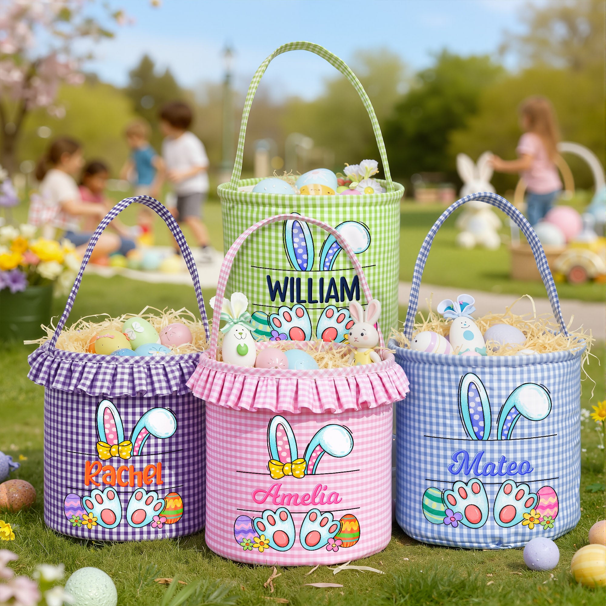 Cesta de Pascua personalizada multicolor con el nombre de Peter Rabbit en tela escocesa de gran capacidad para niños y niñas