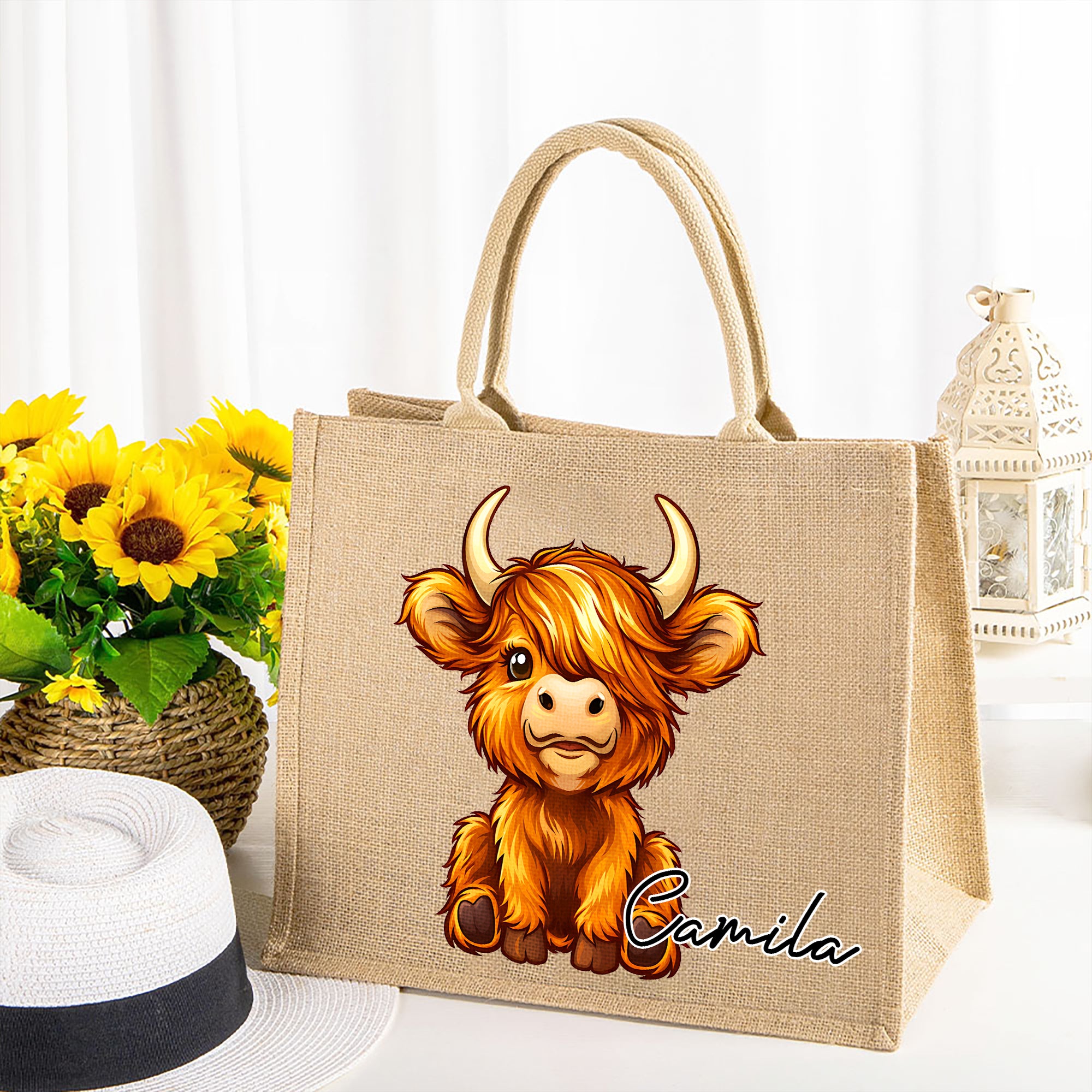 Vaca de las Highlands Bolsa de yute personalizada con nombre Regalo de cumpleaños para un amante de las vacas de las Highlands