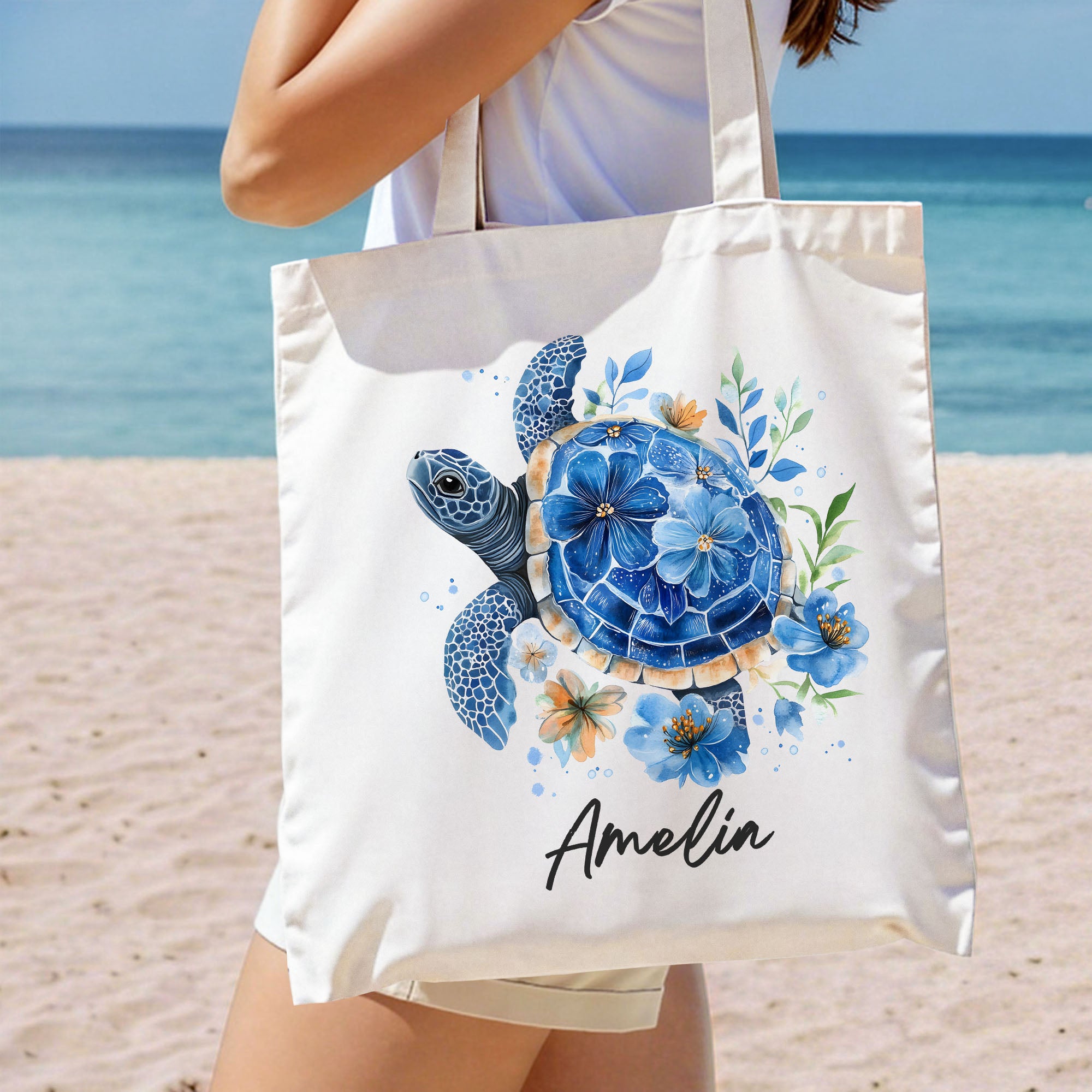 Personalizada Floral Tortuga de Mar Bolsa de Lona Reutilizable con Nombre Verano Playa Vacaciones Viajes Esenciales Cumpleaños Regalo para Mujeres