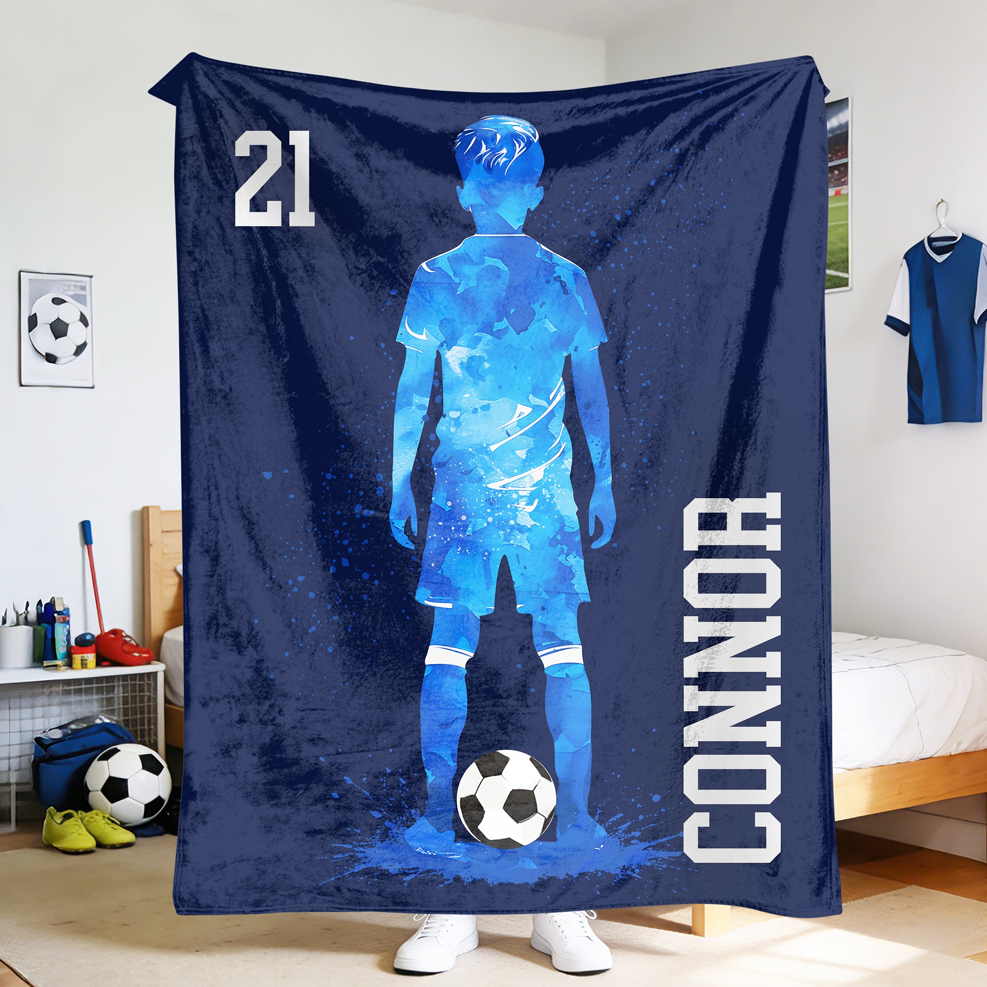 Silueta de futbolista personalizada Manta suave con nombre y número Decoración del hogar Cumpleaños Uso diario Regalo para adolescentes Futbolistas