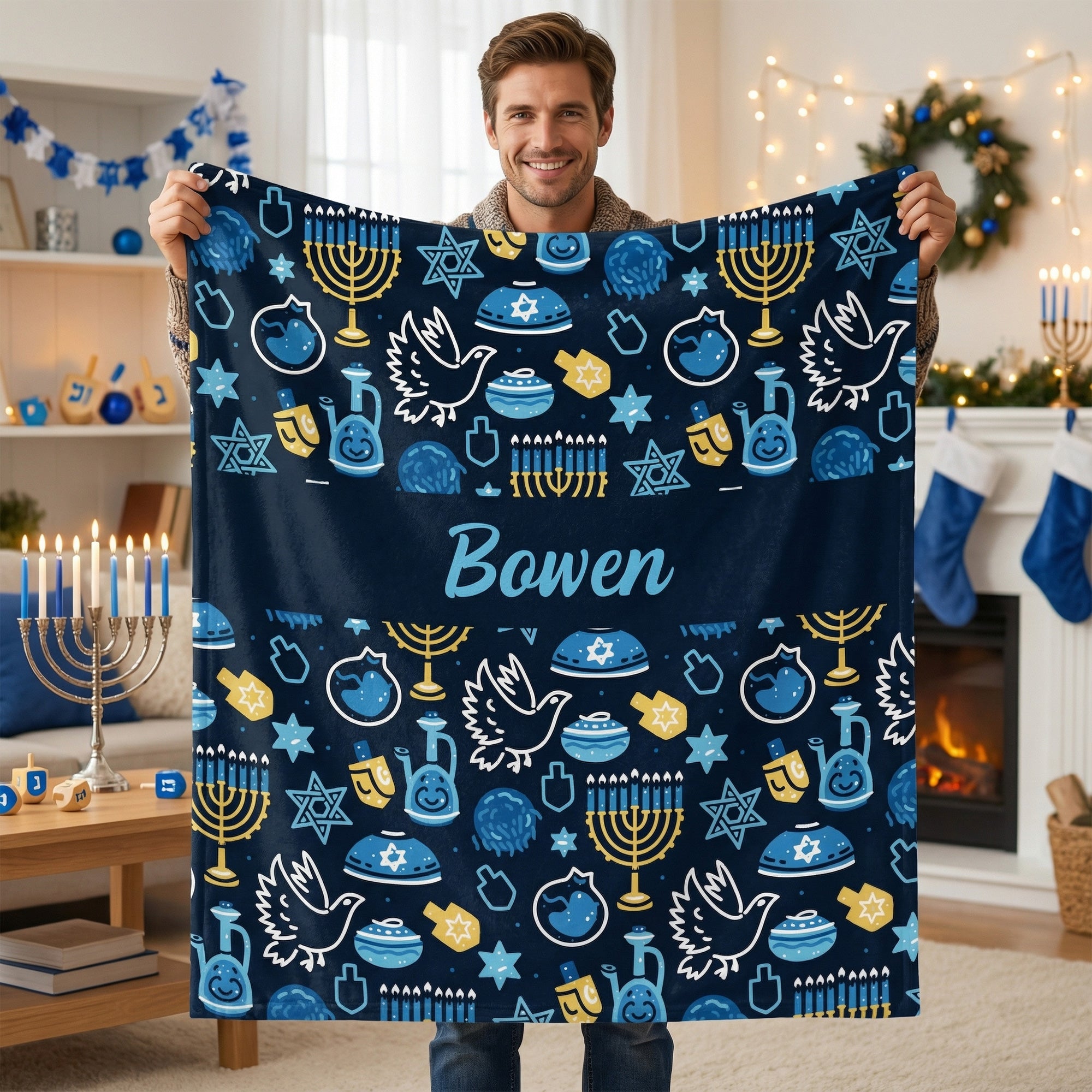 Personalizada Azul Hanukkah Elemento Suave Manta con Nombre Decoración del Hogar Festival Judío Fiesta Regalo para la Familia Amigo