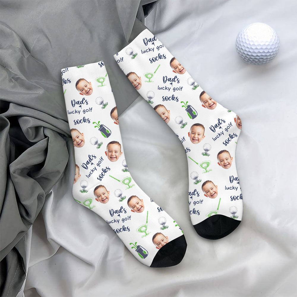 Calcetines suaves y transpirables personalizados con diseño de retrato fotográfico de cara con tema de golf y título Regalo de cumpleaños del Día del Padre para papá jugador de golf
