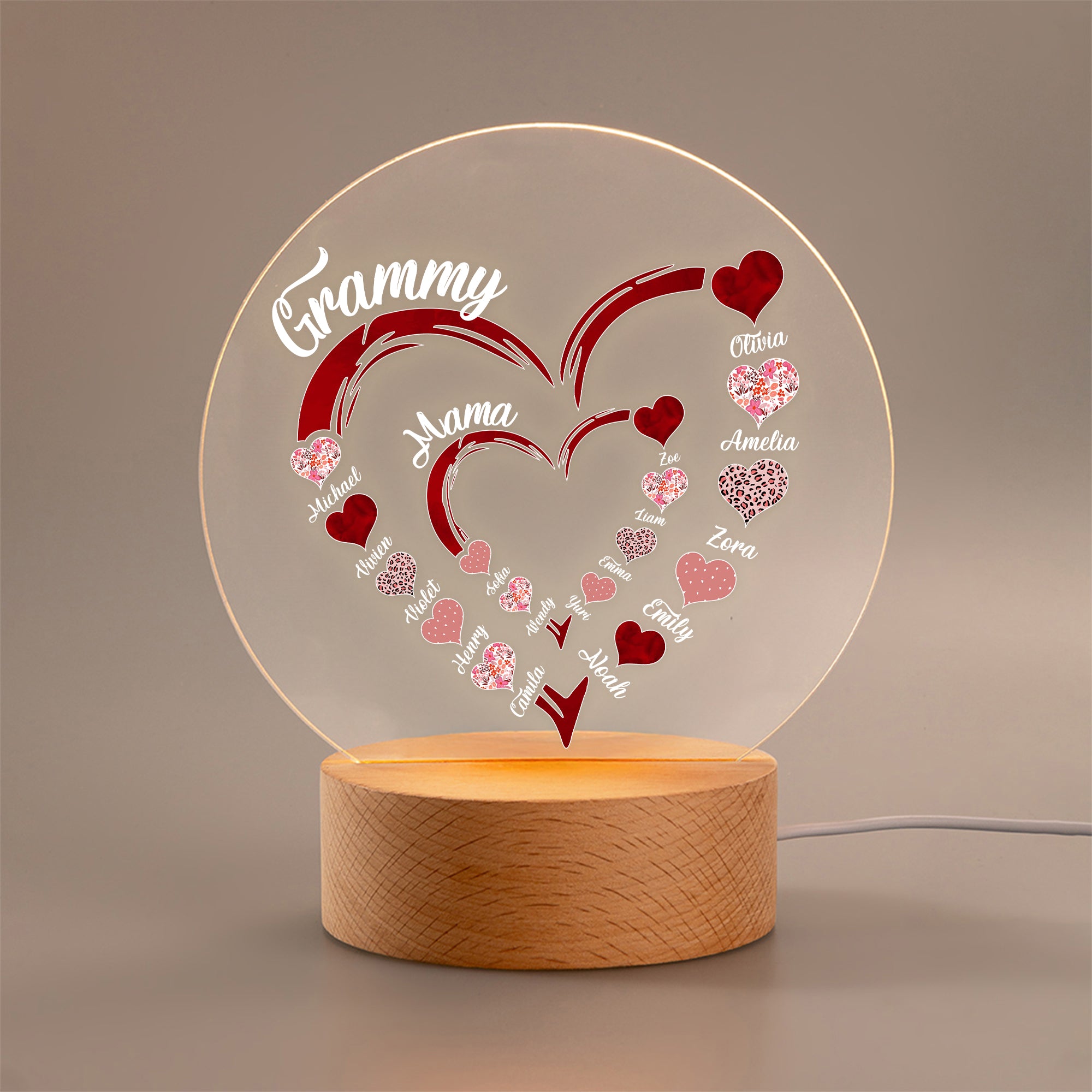 Personalizada Abuela Corazón con Familia Niños Nombres LED Luz de Noche con Base de Madera Navidad Día de la Madre Regalo para Mamá Abuela