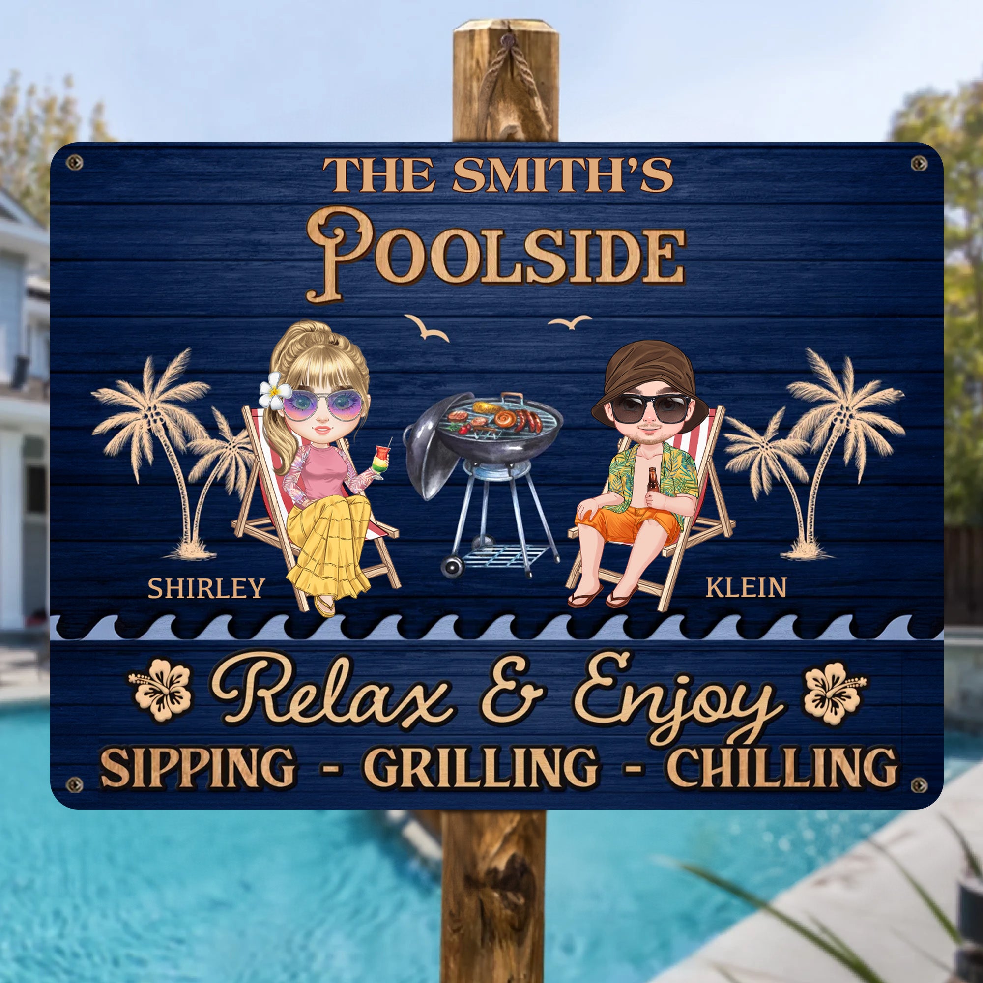 Personalizado Cartoon Personaje Clip Art Horizontal Metal Sign con Texto y Nombre Piscina Decoración Cumpleaños Regalo para Parejas