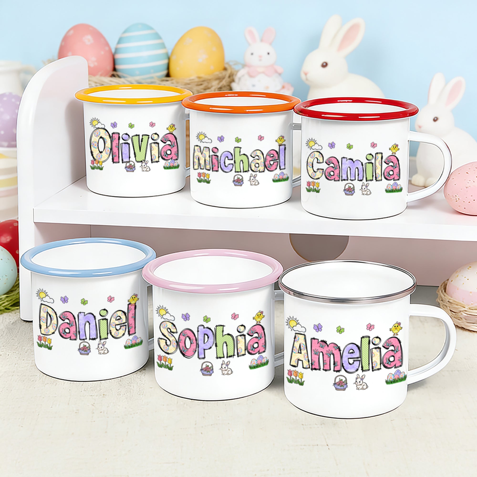 Huevo de Pascua Personalizado Mariposa Conejo 12 oz Taza Esmaltada con Nombre Colorido Práctica Bebida Regalo de Pascua para Niños Niñas