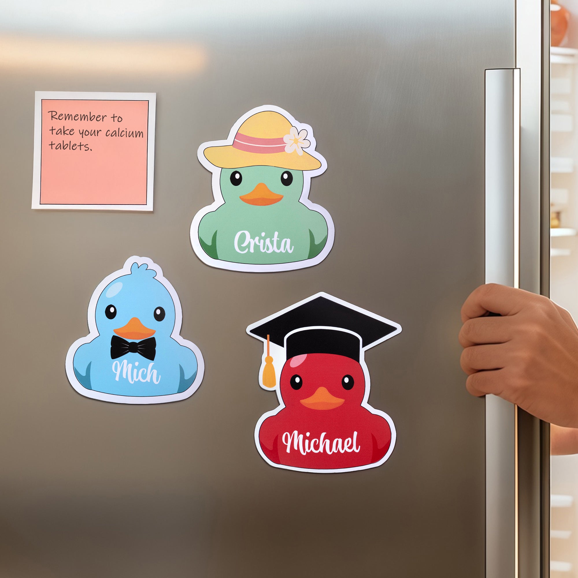 Pato amarillo de dibujos animados personalizado Imán de nevera con nombre y profesión Decoración de nevera Regalo de cumpleaños para amigos de la familia