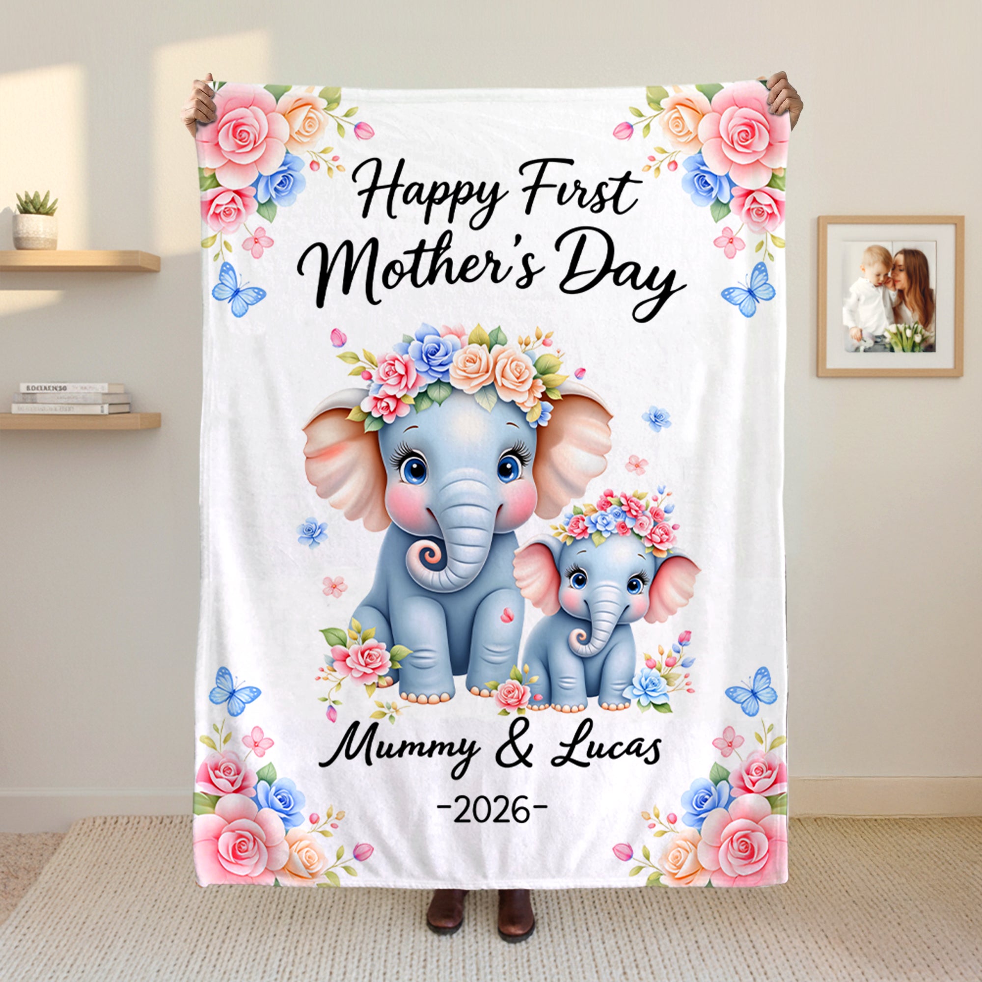 Manta blanda personalizada con nombre y año, bordado floral de elefante de dibujos animados, regalo para mamá el Día de la Madre