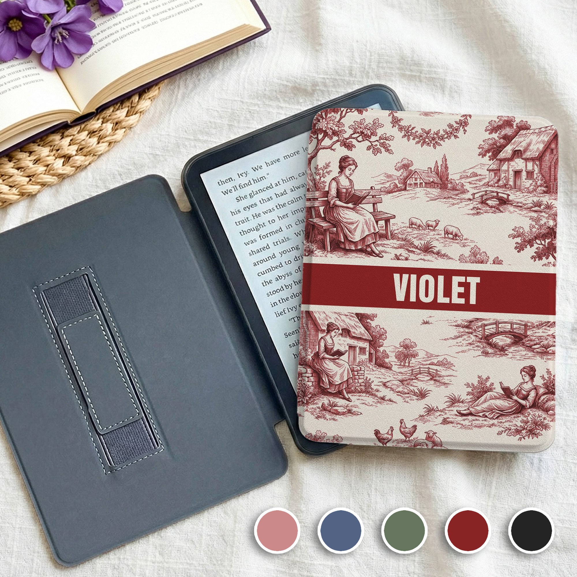 Funda portátil Kindle personalizada estilo Vintage Toile De Jouy para mujer con nombre y correa para uso diario Regalo de cumpleaños para ratones de biblioteca