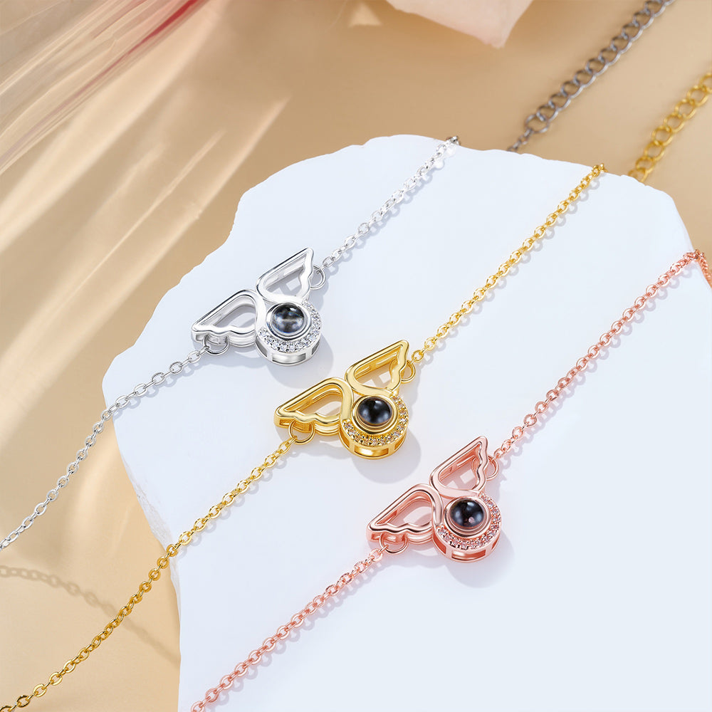 Personalizada Dainty Zircon Angel Wings Photo Projection Pulsera Cumpleaños Aniversario Memorial Gift for Women Loss of Loved One