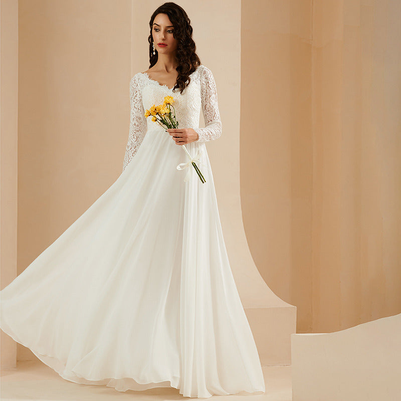 Bridal Wedding Dress White Long Sleeve Long V-Neck A-line