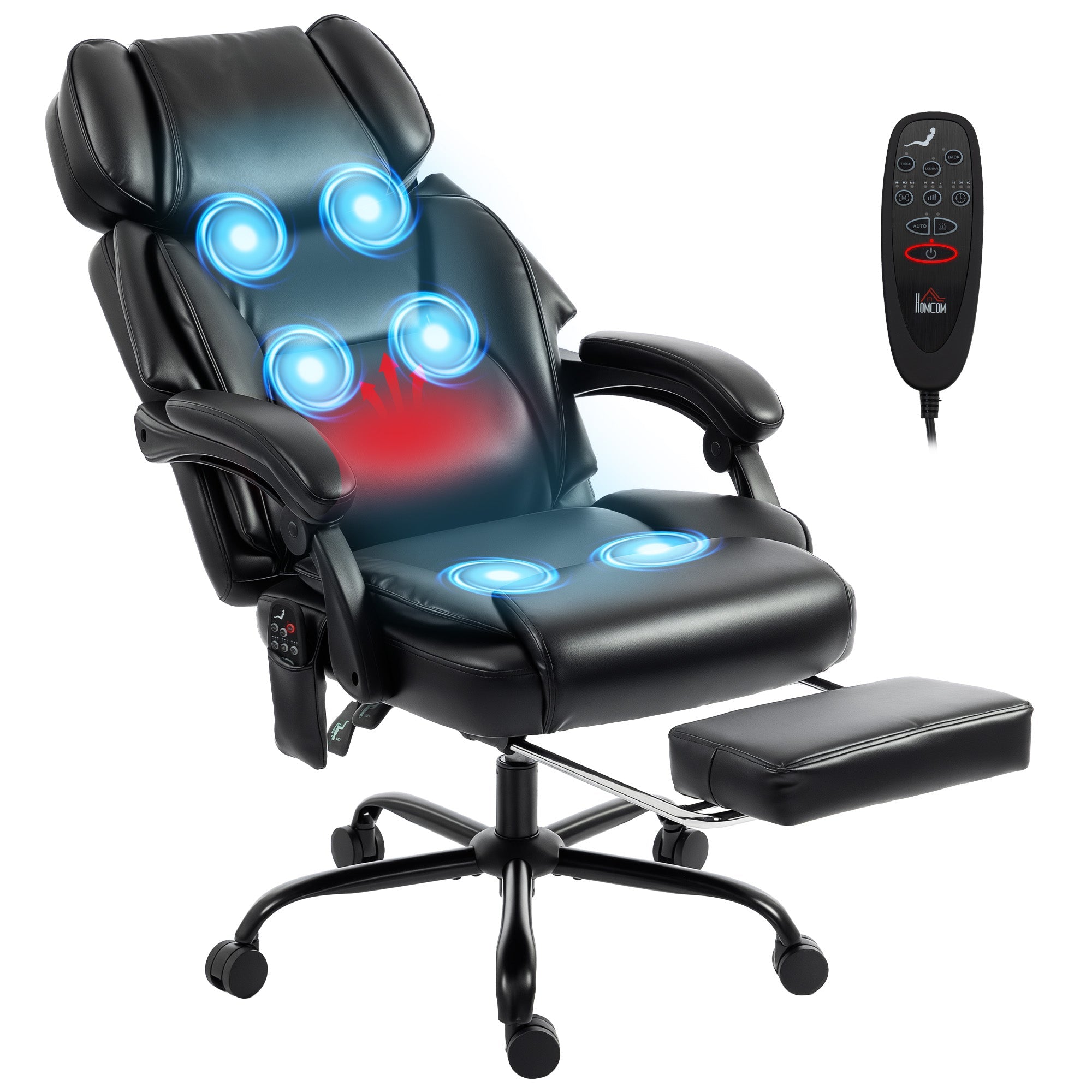 Adjustable High Back Heated Massage Office Chair with Footrest & Remote, Black