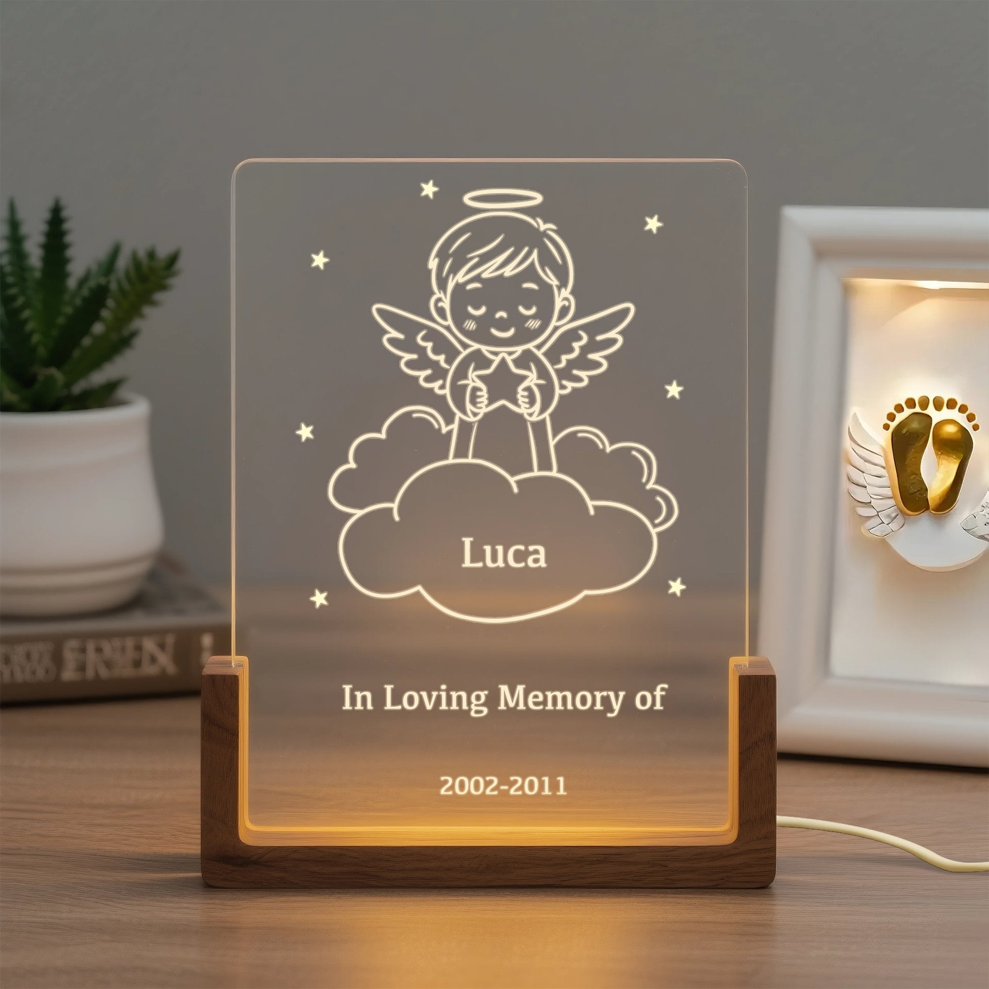 Luz nocturna LED acrílica personalizada Angel Baby con nombre, texto, fecha y base de madera Regalo conmemorativo para padres en duelo