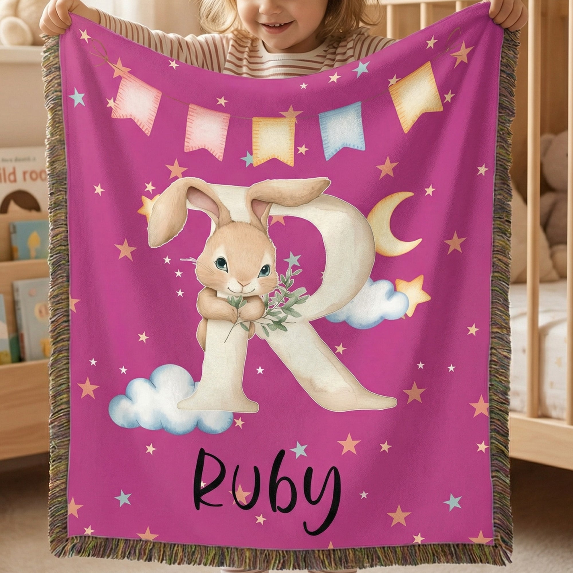 Personalizado de dibujos animados de animales iniciales multicolor borla suave manta con el nombre de uso diario decoración del hogar regalo de cumpleaños para niños niños niñas