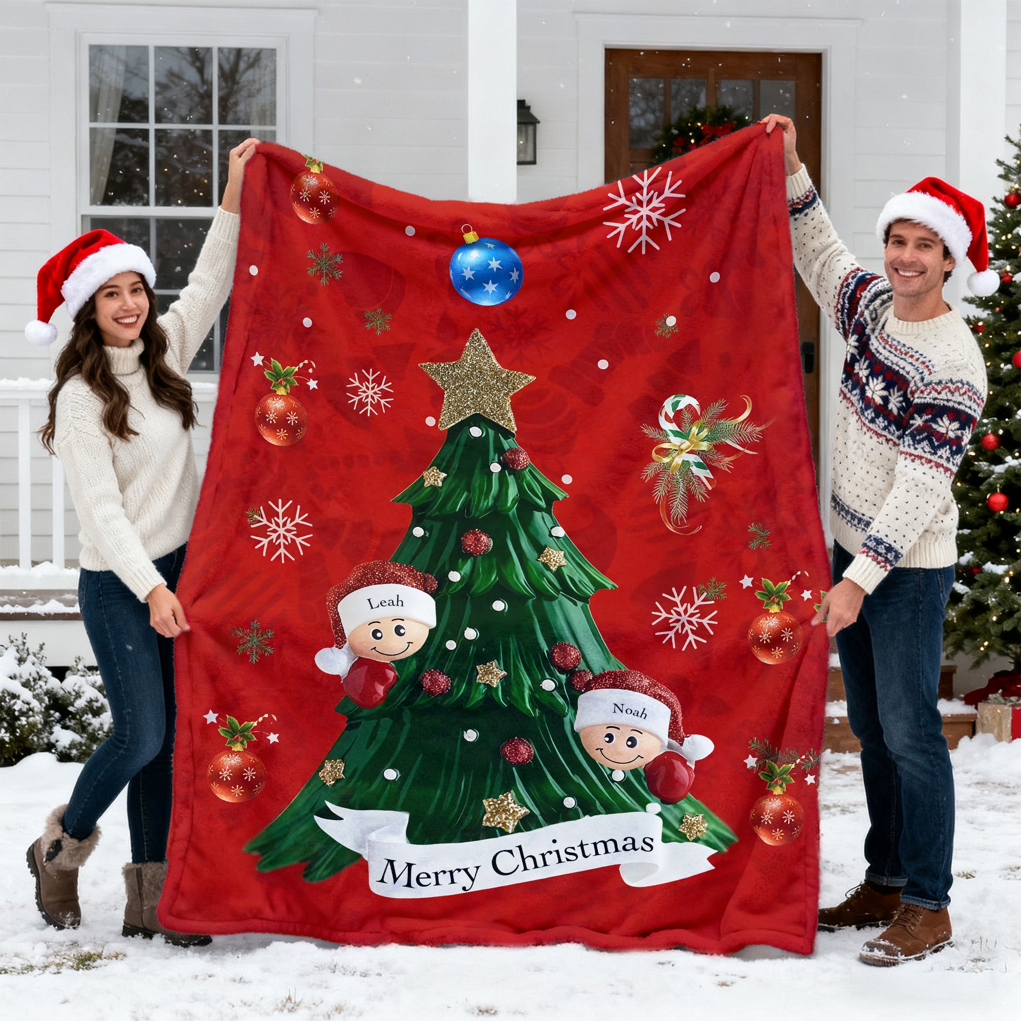 Árbol de Navidad personalizado Copo de nieve Suave manta con 2-6 nombres y texto Decoración del hogar Regalo de Navidad para la familia Amigos