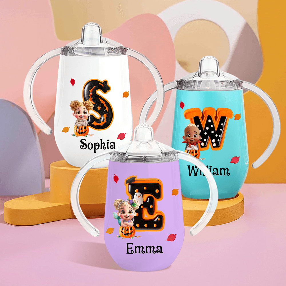 Taza aislante con tapa y asa para sorber con el nombre, personalizada en 3D con un personaje de dibujos animados y las iniciales del tema de Halloween Regalo de Halloween para niños pequeños