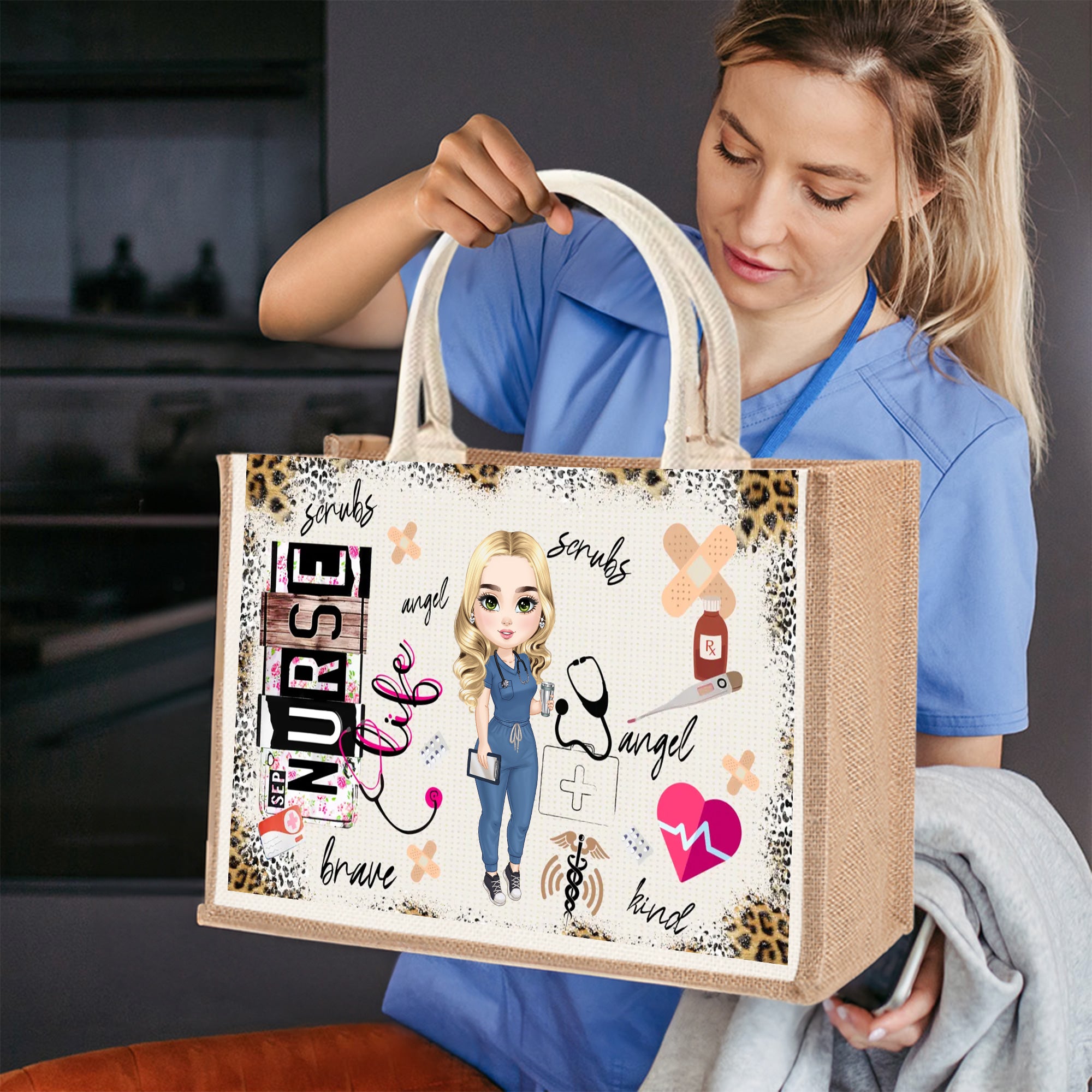 Bolsa de yute grande personalizada con personaje médico de dibujos animados Regalo de cumpleaños de graduación para personal médico y de enfermería