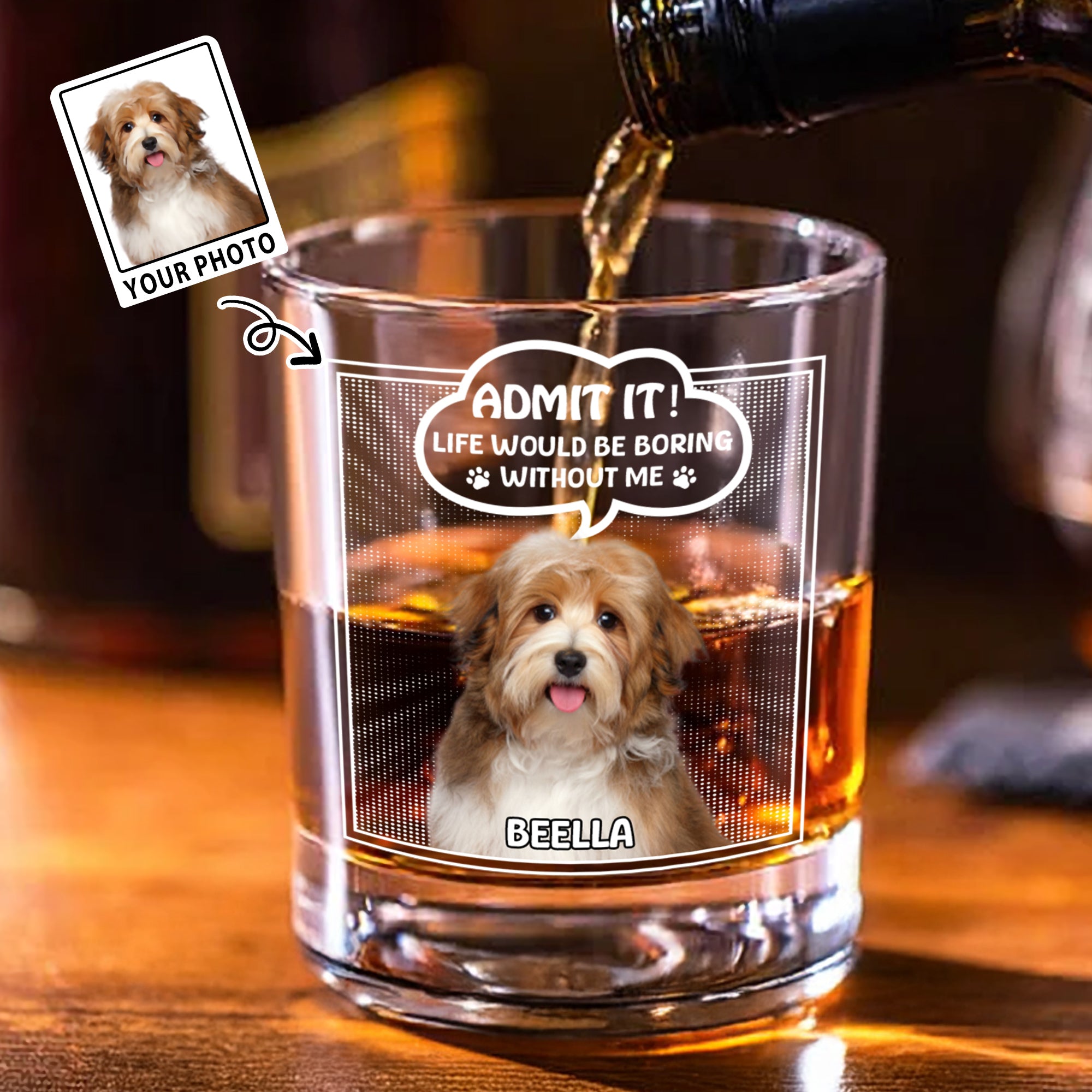 La vida sería aburrida sin mí Vaso de whisky de roca de 10 oz personalizado con foto de mascota y nombre Regalo de cumpleaños a la antigua usanza para amigos amantes de las mascotas