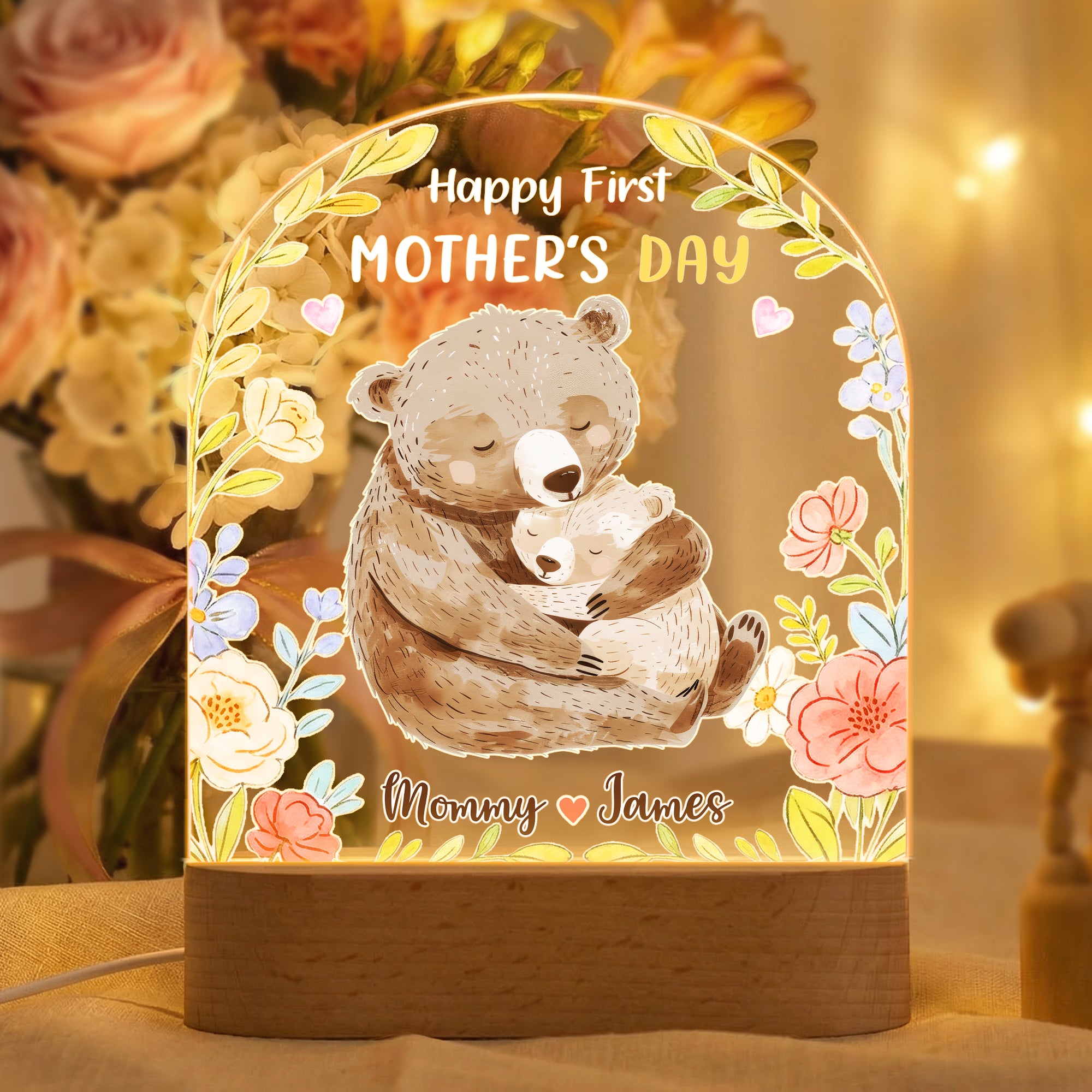 Lámpara de noche acrílica personalizada con nombre y base de madera Decoración de habitación Regalo de cumpleaños para el Día de la Madre para la nueva mamá