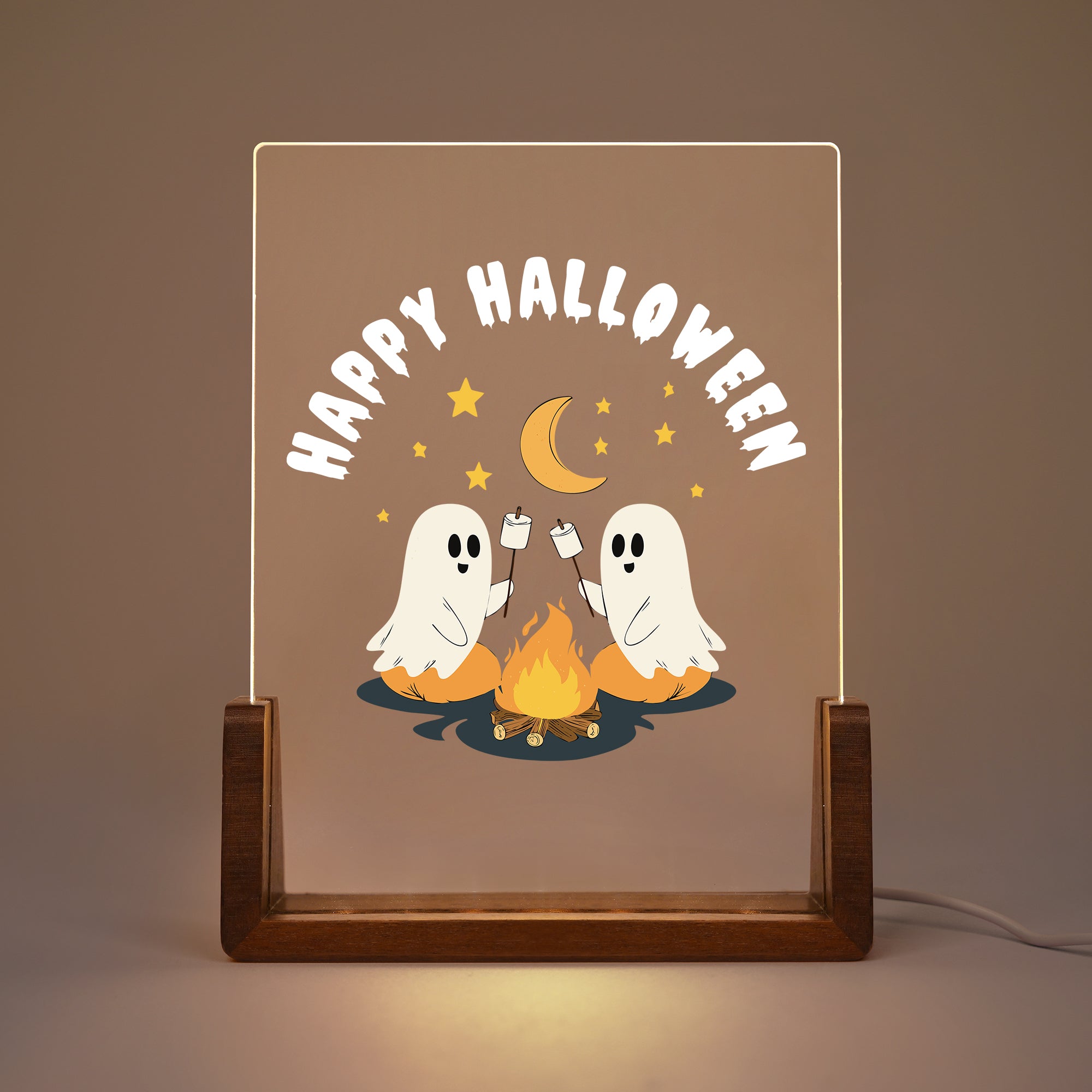 Personalizada Ghost Campfire acrílico LED luz de la noche con el texto y la base de madera ajustable 7 luces Decoración de escritorio Feliz Halloween Regalo para la familia amigo