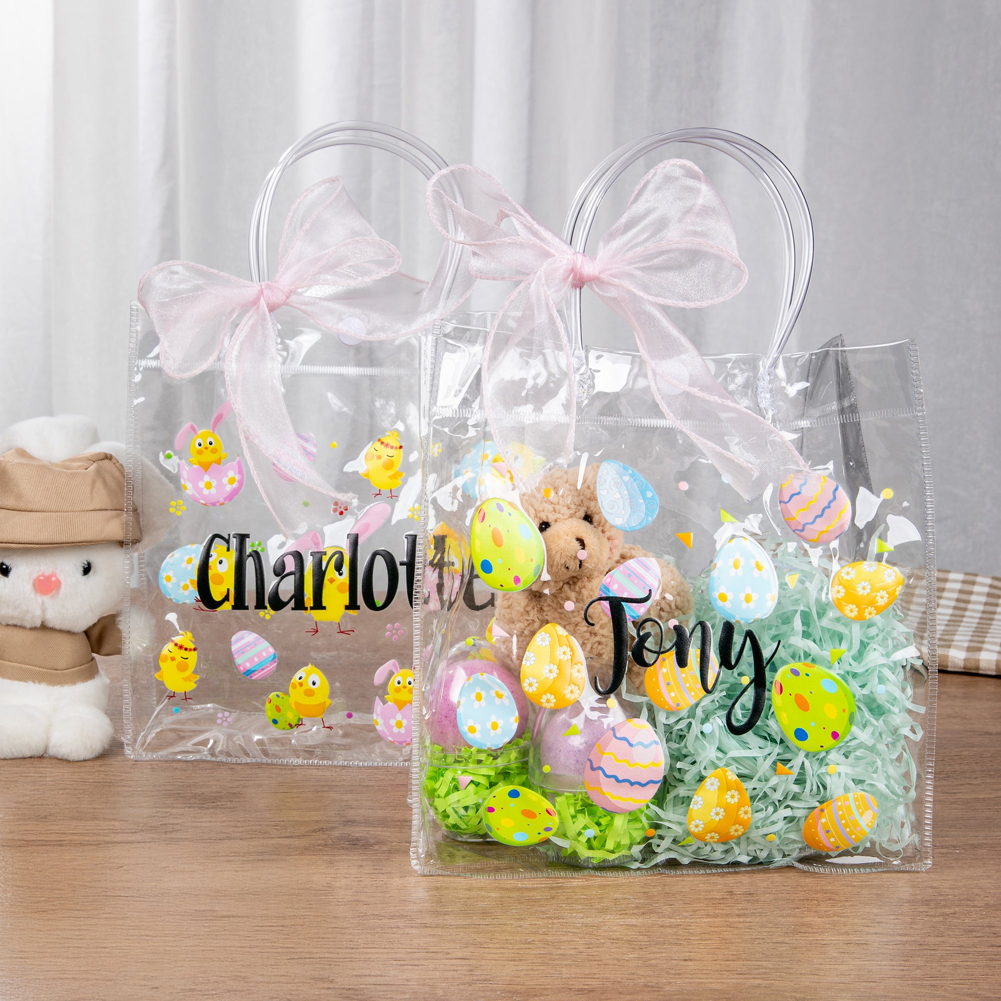 Huevos de Pascua personalizados con lazo rosa y pollitos de colores Bolsa de regalo transparente con nombre Embalaje para regalos de Pascua Regalo para niños