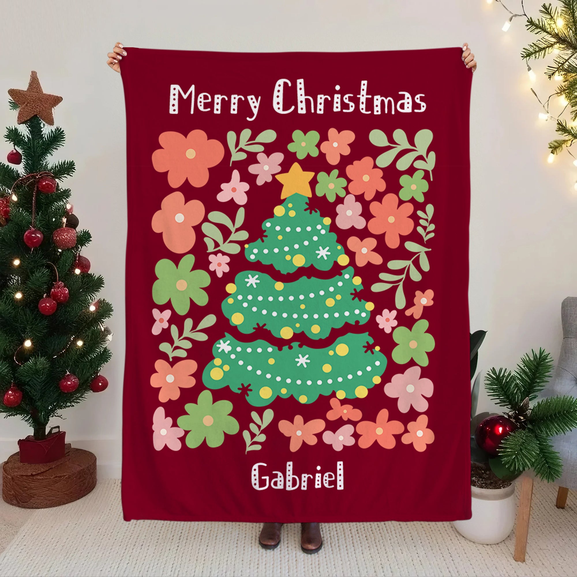 Árbol de Navidad Personalizado Colorido Floral Suave Manta con Nombre y Texto Decoración del Hogar Regalo de Navidad para Amigos de la Familia