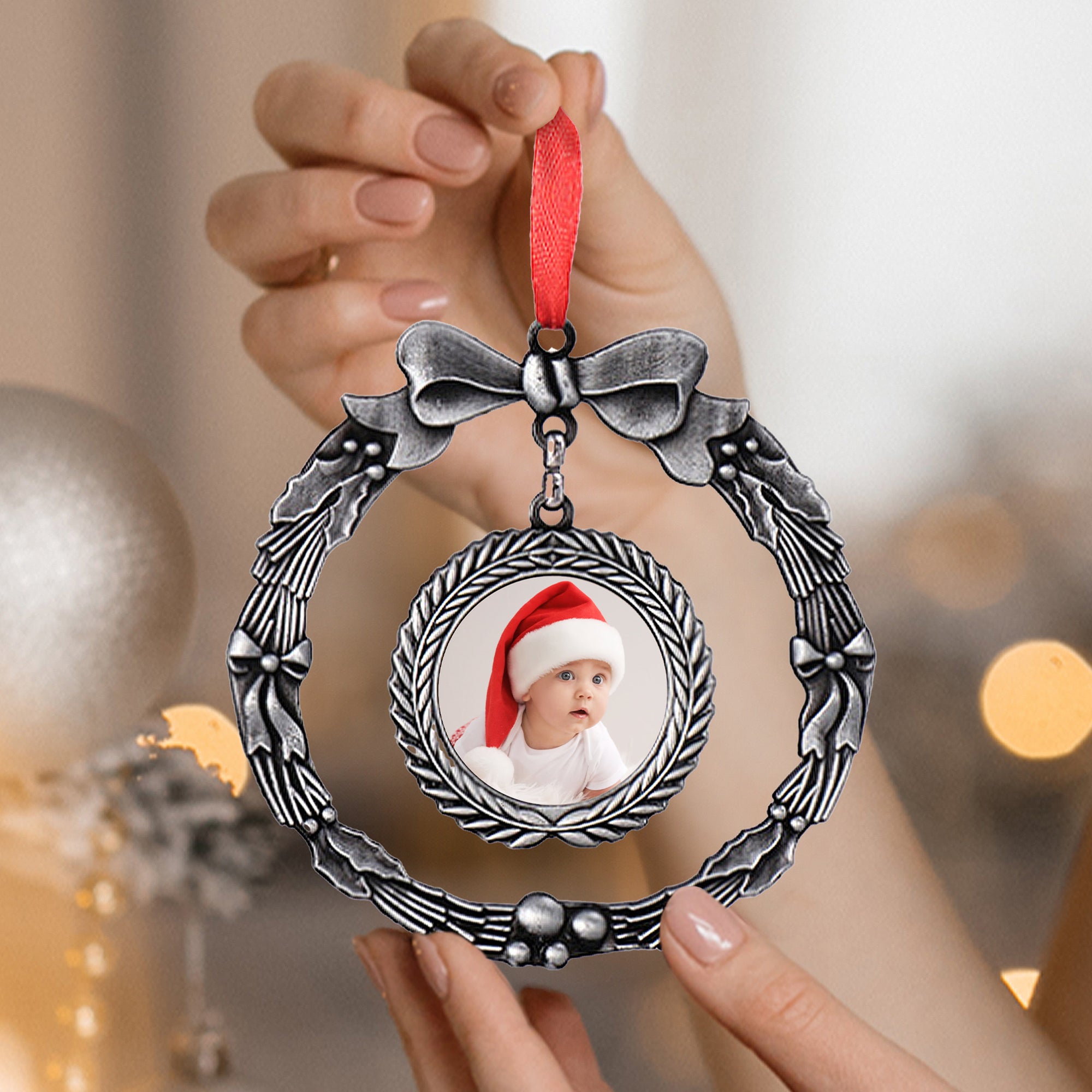 Corona de lazo personalizado Foto Adorno de Navidad Decoración del Árbol Regalo de Navidad para la Familia Amigo