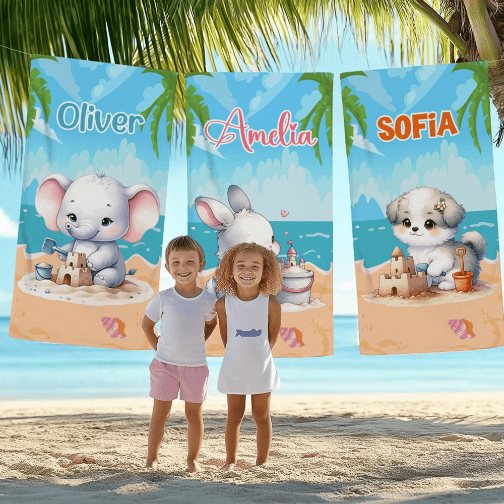 Toalla de playa personalizada de animales de dibujos animados de secado rápido con nombre Imprescindible para viajes Fiesta en la playa Cumpleaños Aniversario Regalo para la familia Niños