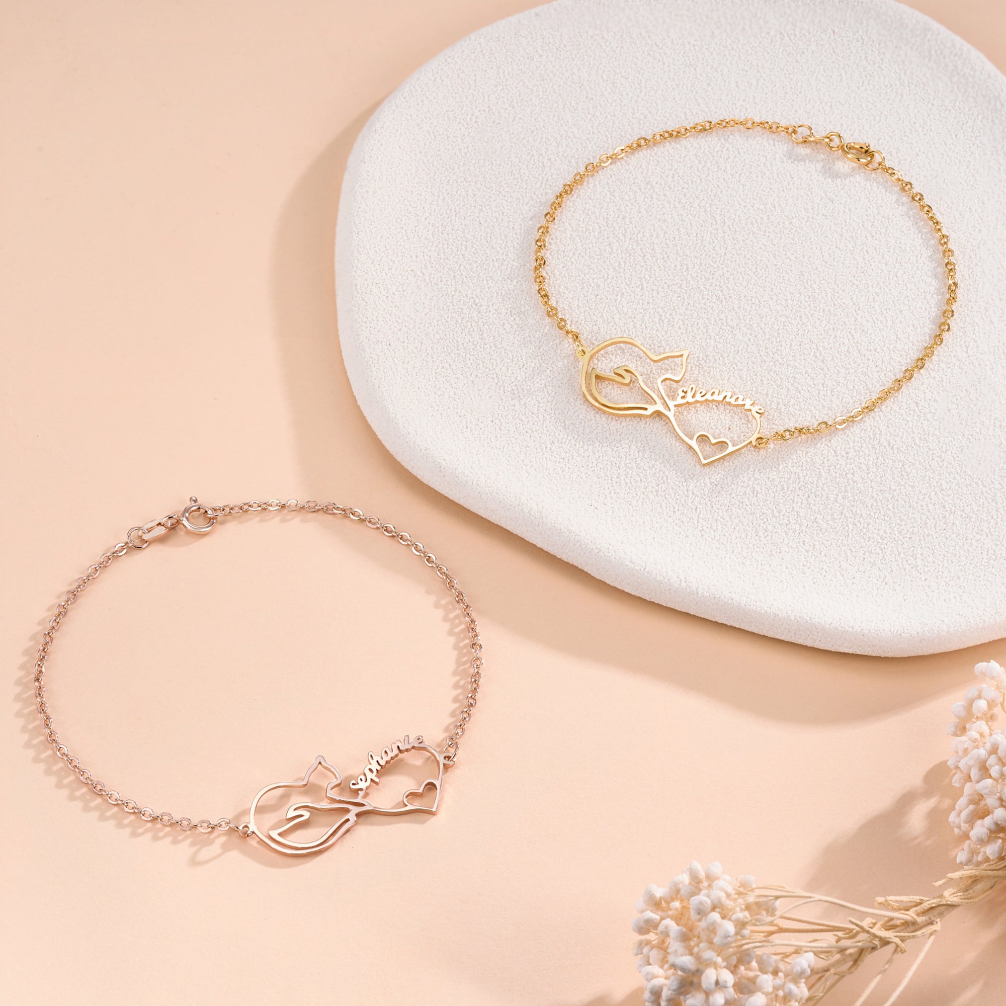 Personalizado Mobius Infinito Gato Pulsera en forma de corazón con el nombre Elegante joyería de uso diario Cumpleaños Aniversario Regalo para los amantes del gato