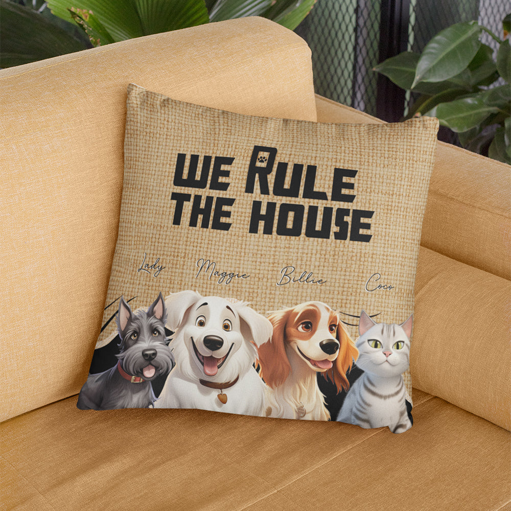 Personalizado We Rule The House Dibujos animados Gato Perro Suave Funda de Almohada con 1-6 Nombres de Mascotas Decoración del Hogar Cumpleaños Regalo de inauguración de la casa para los amantes de la