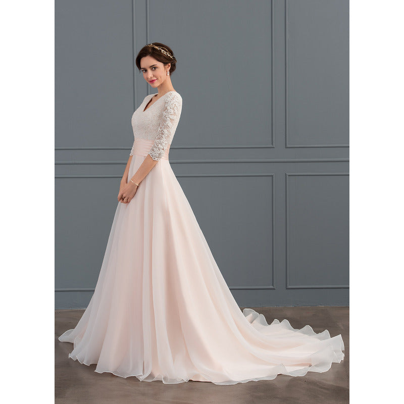 Bridal Wedding Dress Pink 1 2 Sleeve Long V-Neck Ball-Gown Princess
