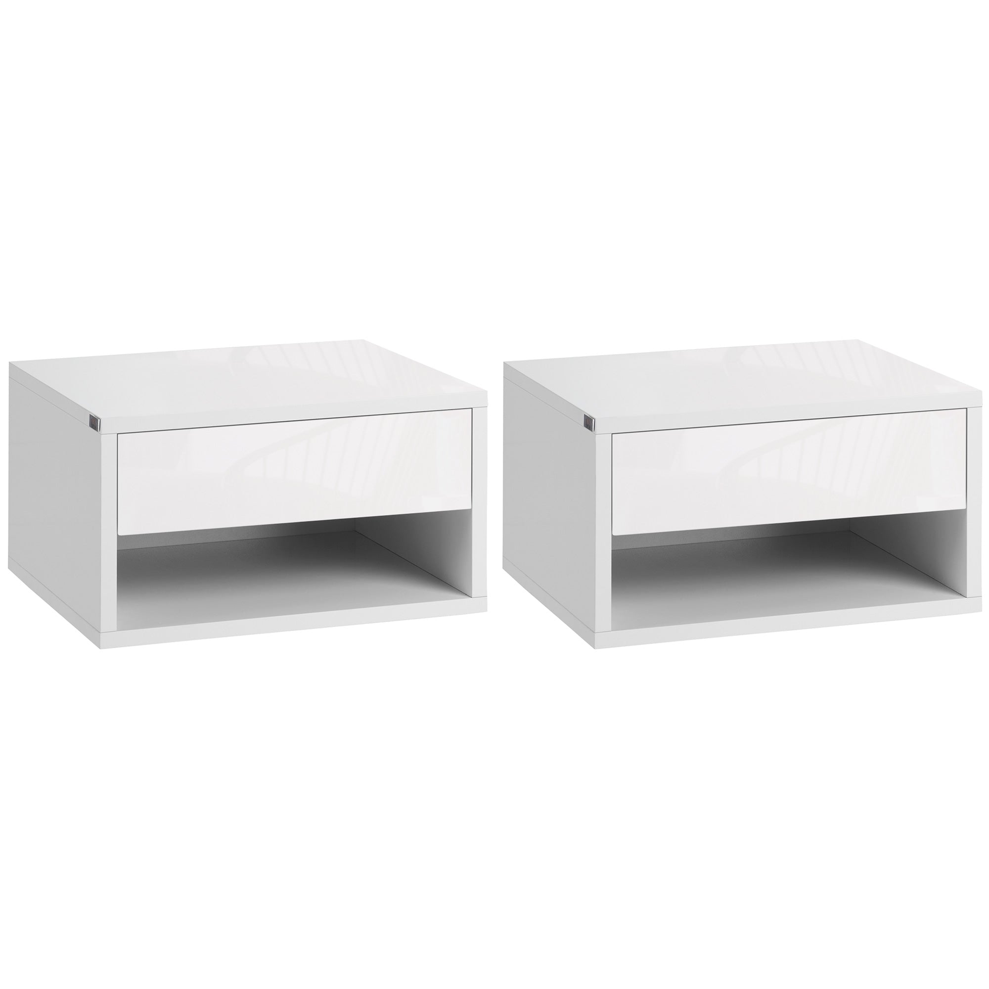 Floating Bedside Table Set of 2 with Storage Drawer and Open Shelf, High Gloss White