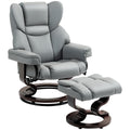 Faux Leather Swivel Recliner Chair and Footstool with Solid Wood Base, Light Grey