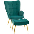 Velvet Wingback Armchair, Modern Accent Chair with Ottoman & Steel Legs, Dark Green