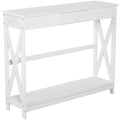 2 Tier X-Design Console Table, Sofa Side Table w/ Drawer & Storage Shelf for Entryway, White