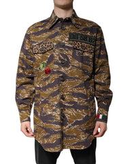Men's Brown Leopard Cotton Collared Coat Jacket Clothing