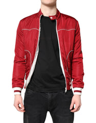 Red White Nylon Full Zip Men Bomber Jacket Clothing