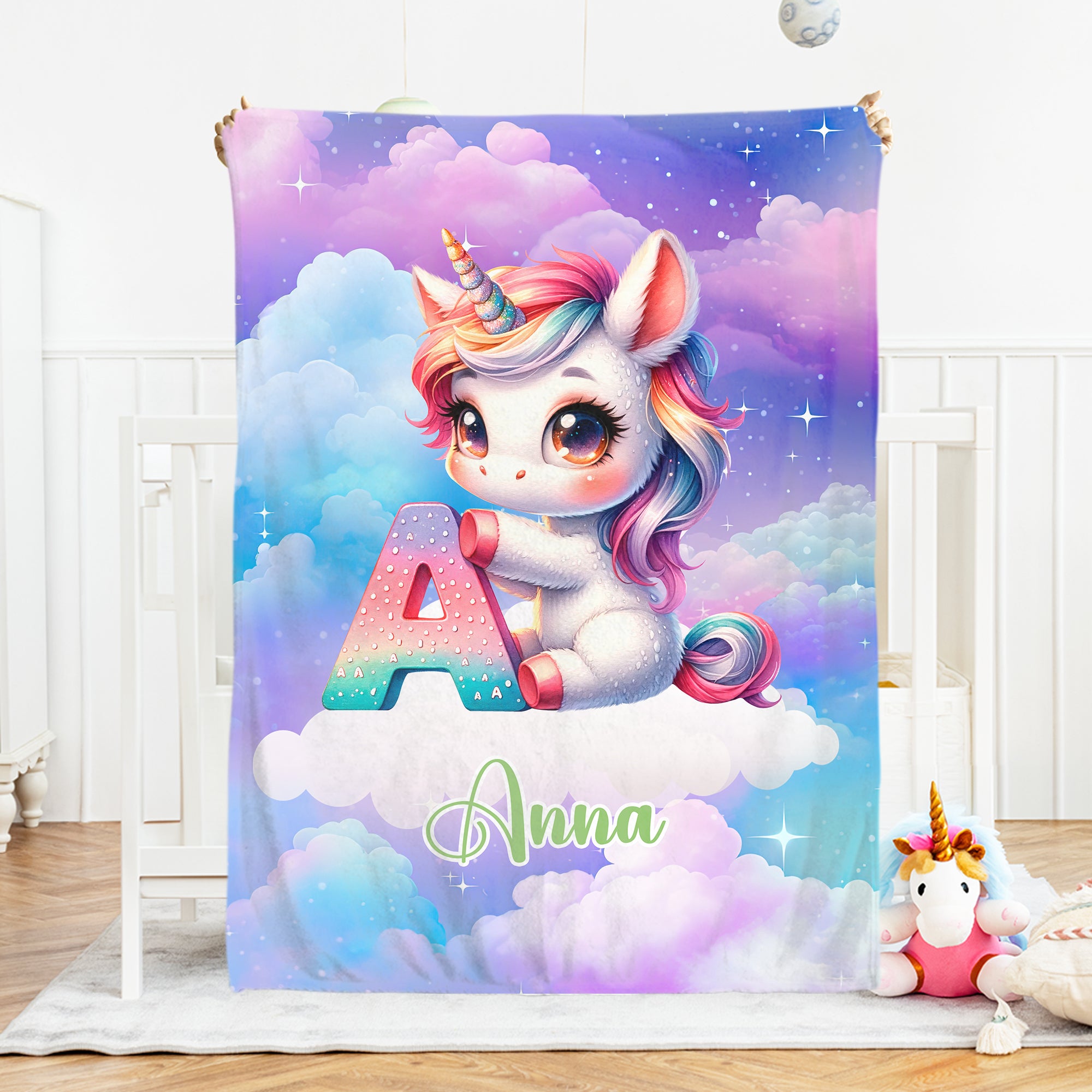 Personalizado Gradiente Fantasía Dreamy Unicornio Diseño Inicial Suave manta con nombre Decoración de la habitación Regalo de Navidad para Mujeres Niñas