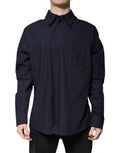 Men's Dark Blue Cotton Long Sleeve Shirt Polyester
