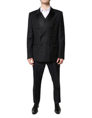 Men's Black Double Breasted Formal 3 Piece Suit Virgin Wool Silk Polyester