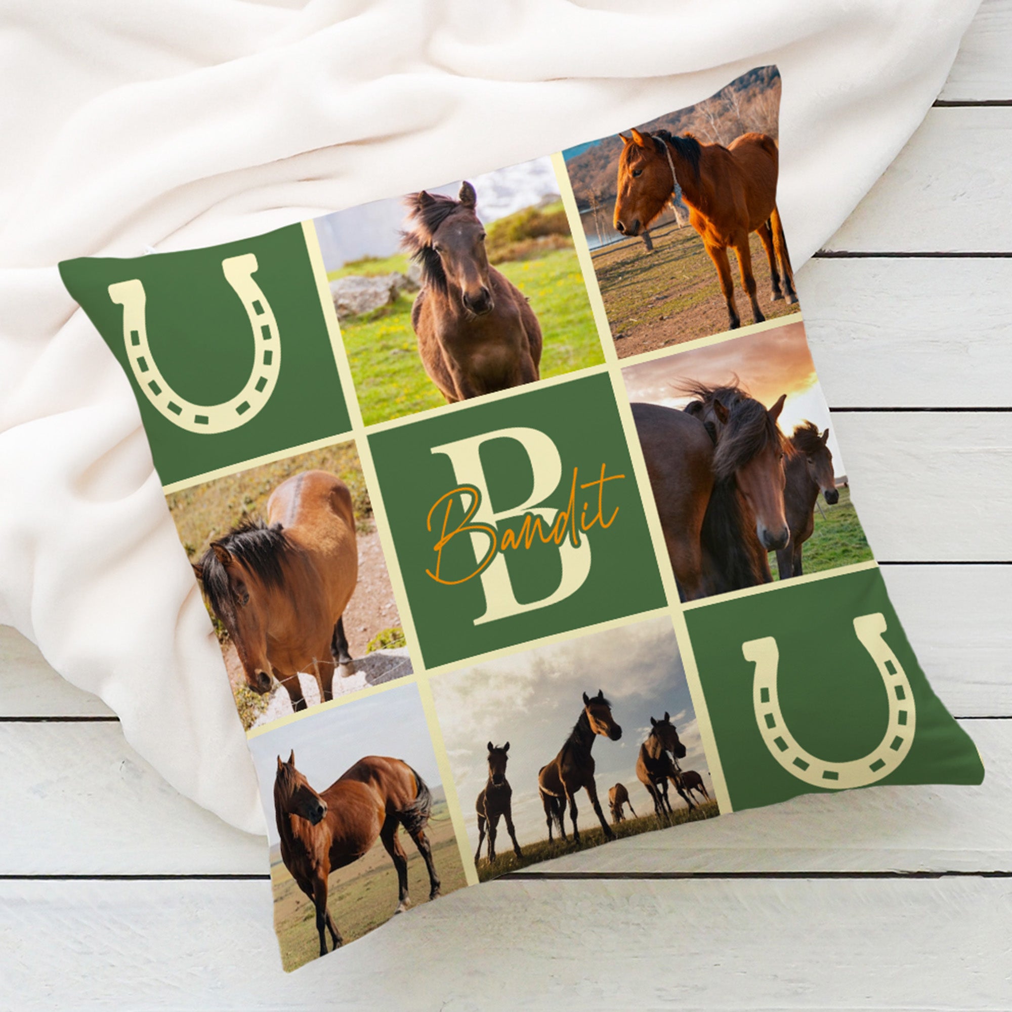 Funda de cojín personalizada con nombre e inicial para el día de la hípica para los amantes de los caballos.