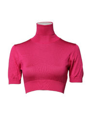 Women's Pink Silk Knitted Turtleneck Cropped Top