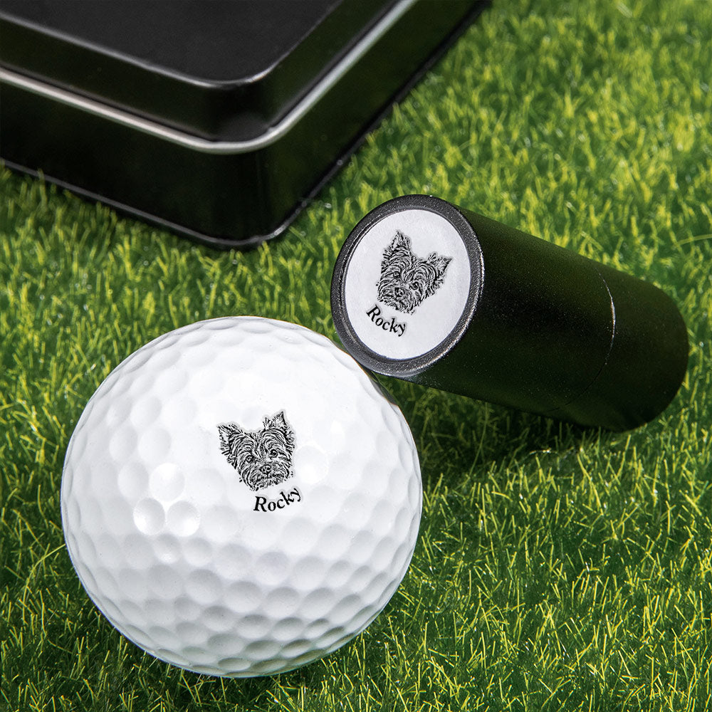 Sello automático personalizado para bola de golf con retrato de perro, gato, mascota, caja metálica y nombre Regalo de cumpleaños para jugadores de golf y amantes de las mascotas