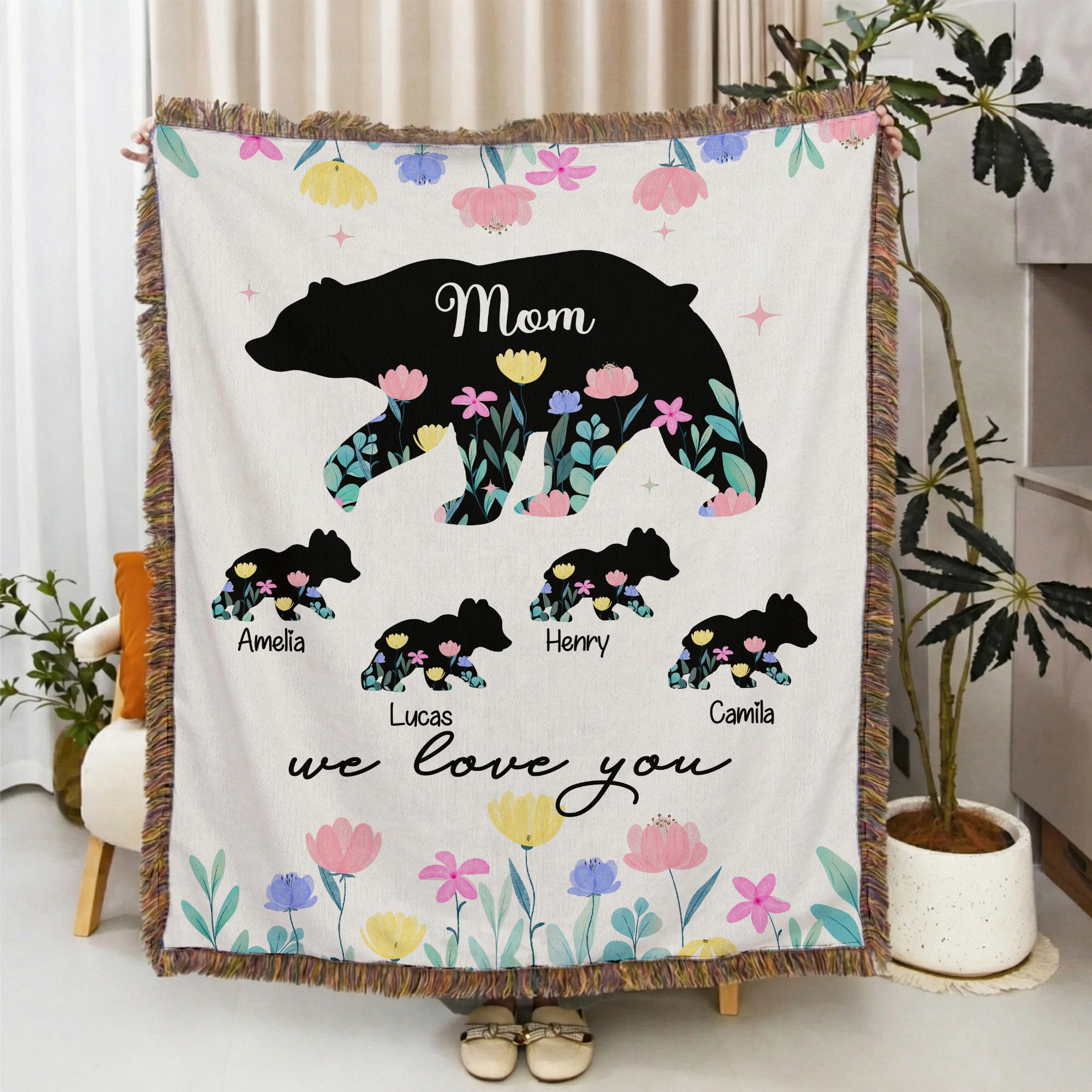Osos de Familia Personalizados Flor Suave Manta con Borlas 1-8 Nombres y Título Decoración del Hogar Cumpleaños Día de la Madre Regalo para Mamá Abuela