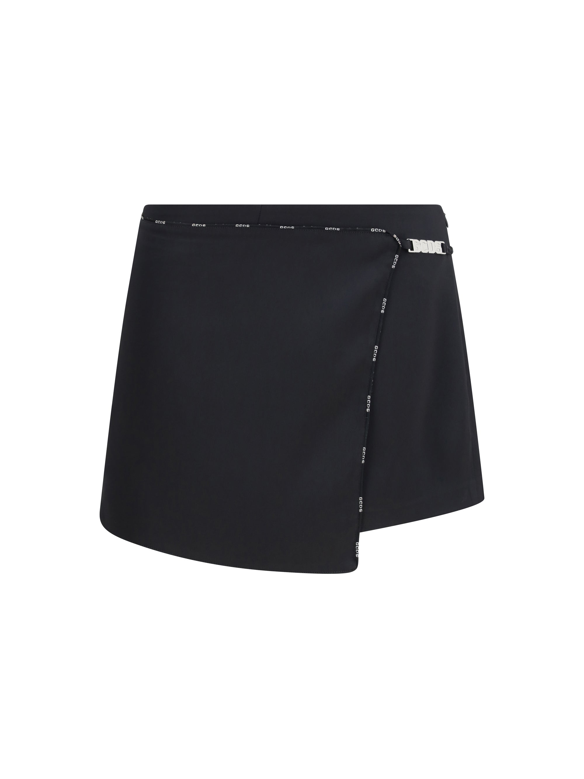 GCDS Satin Logo-Trim Wrap Mini Skirt — Black
