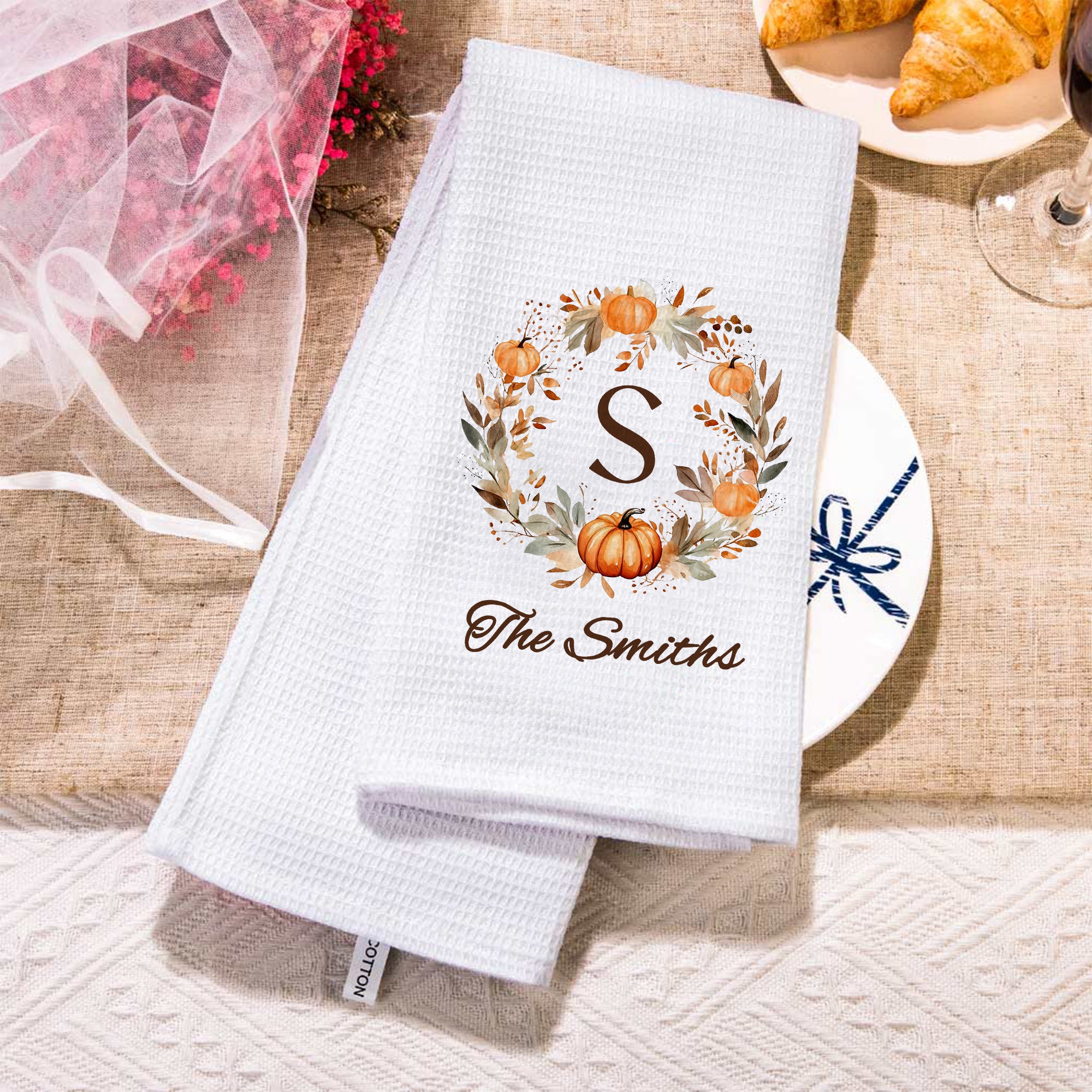 Toalla de Té Personalizada con Corona de Calabaza con Iniciales Súper Absorbente Suave Waffle con Texto Halloween Acción de Gracias Regalo para la Familia Entusiasta de la Cocina
