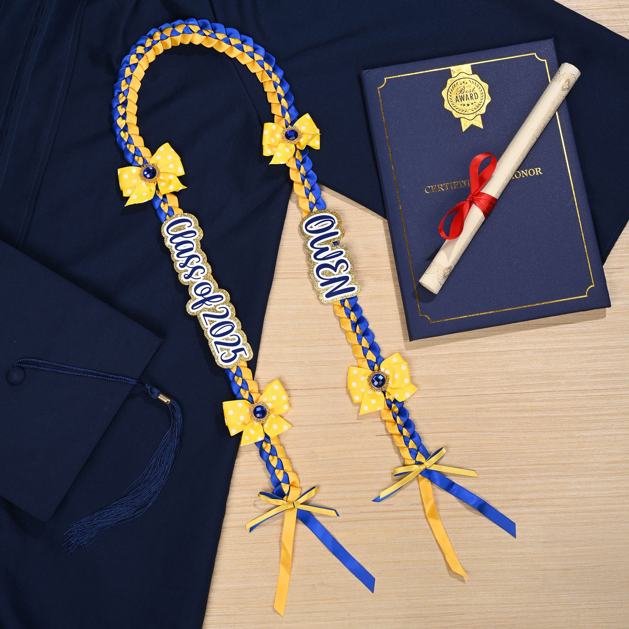 Lazo de lunares personalizado de dos colores trenzado cinta de graduación Lei con textos Regalo de fiesta de graduación para los graduados