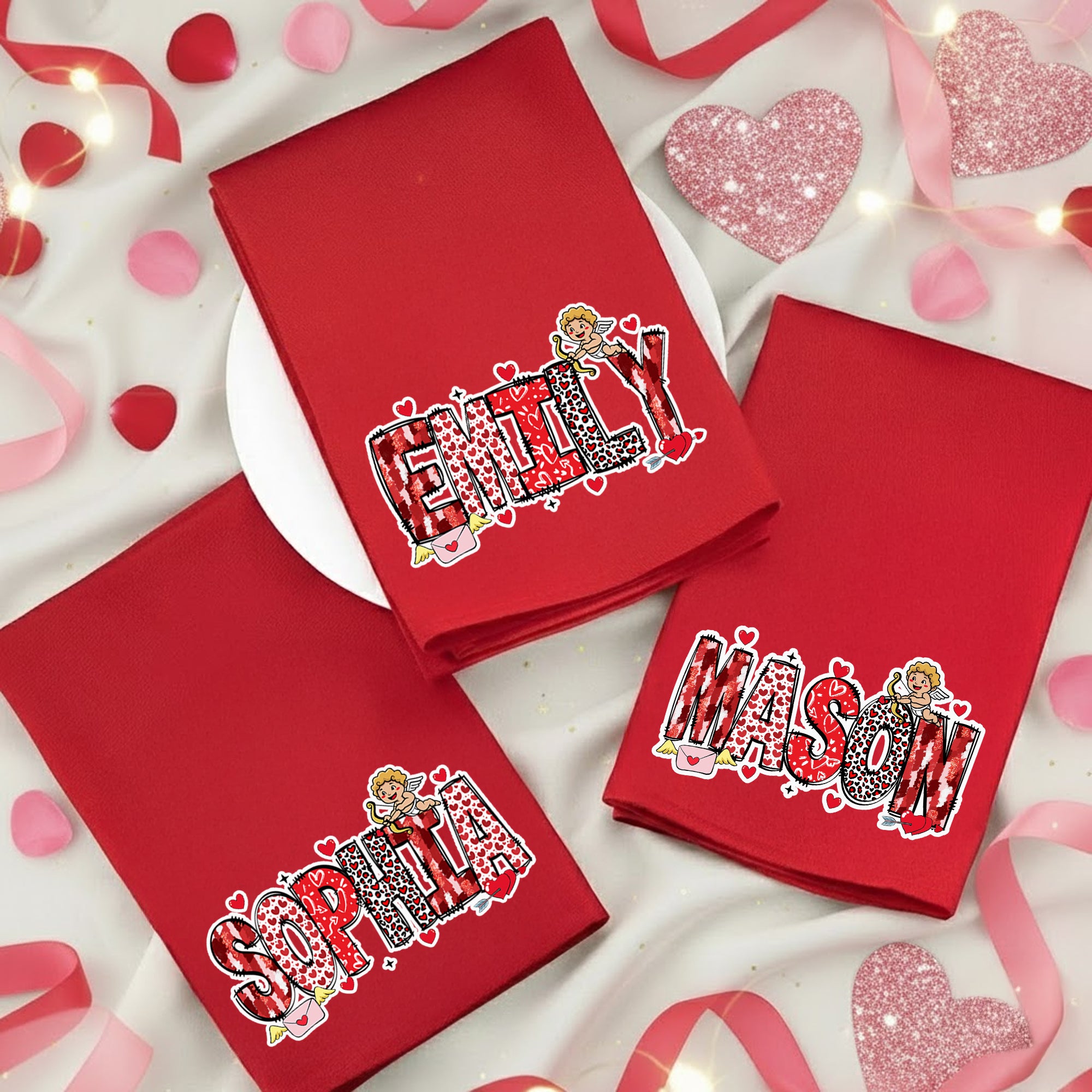Sobre Corazón Personalizado 100% Algodón Servilleta Roja con Nombre Decoración de Mesa San Valentín Regalo de Aniversario para Novias Parejas
