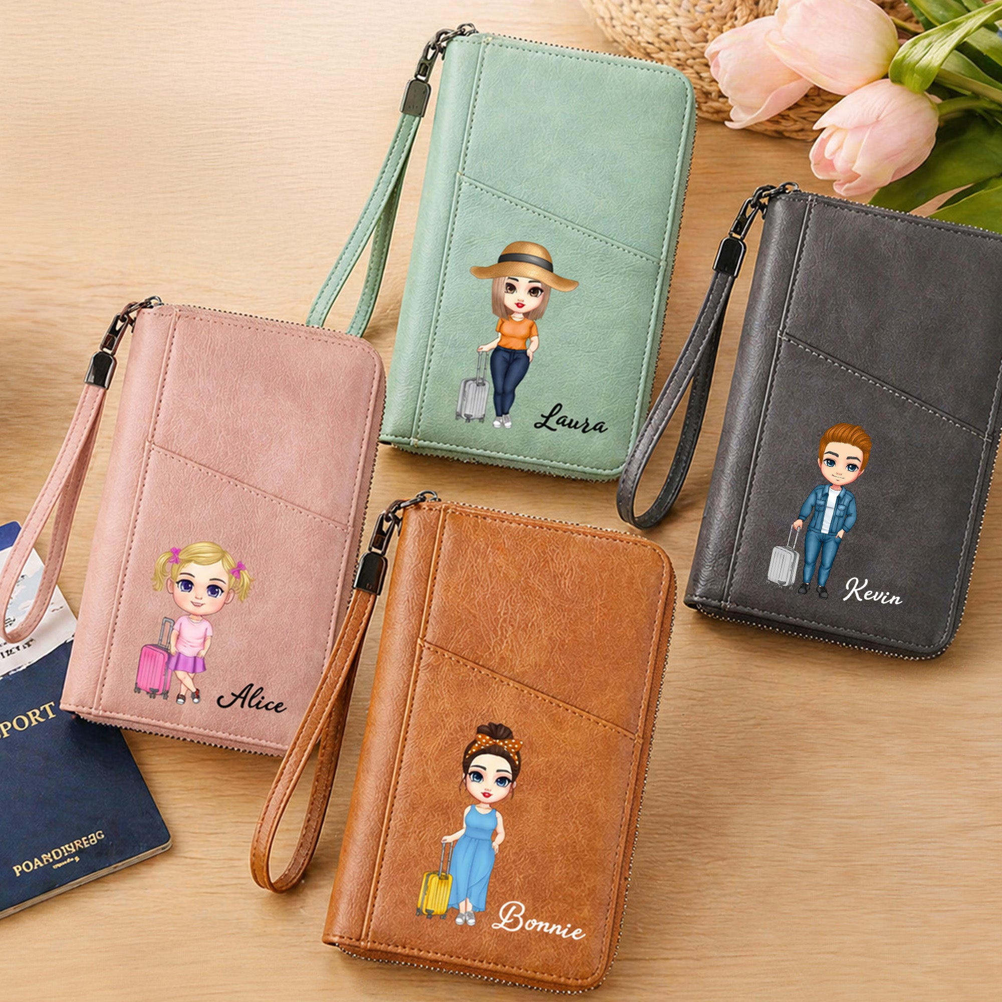Personaje de dibujos animados personalizado portátil de cuero de la PU pasaporte titular de la cartera con el nombre y la pulsera de viaje esencial regalo de cumpleaños para los amigos de la familia