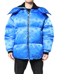 Men's Blue Logo Full Zip Hooded Quilted Jacket Nylon Clothing